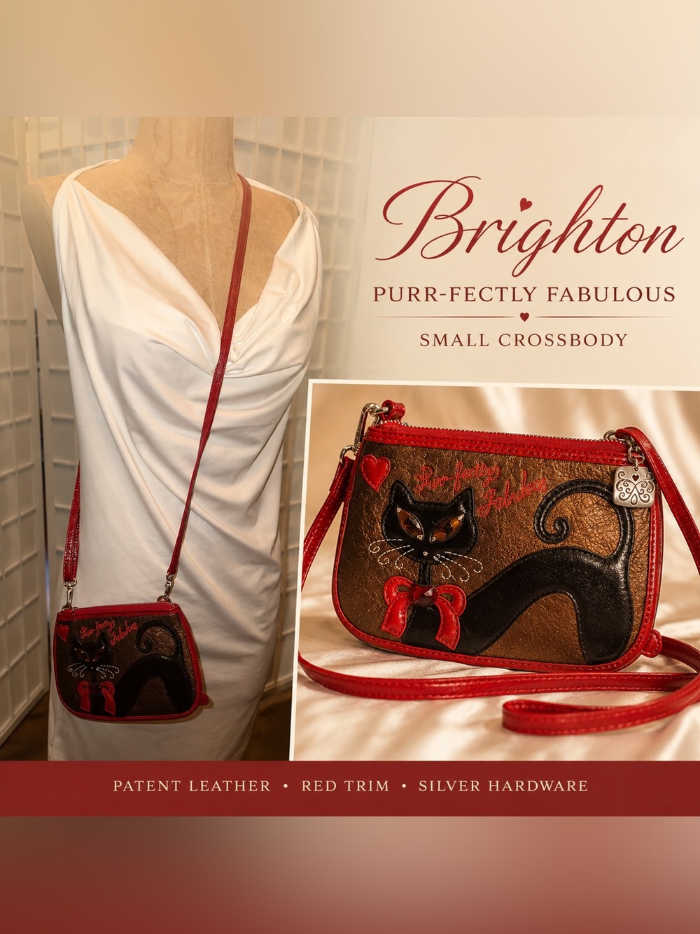 Vintage Brighton Purr-fectly Fabulous Cat Crossbody Red Leather Y2K Retired HTF